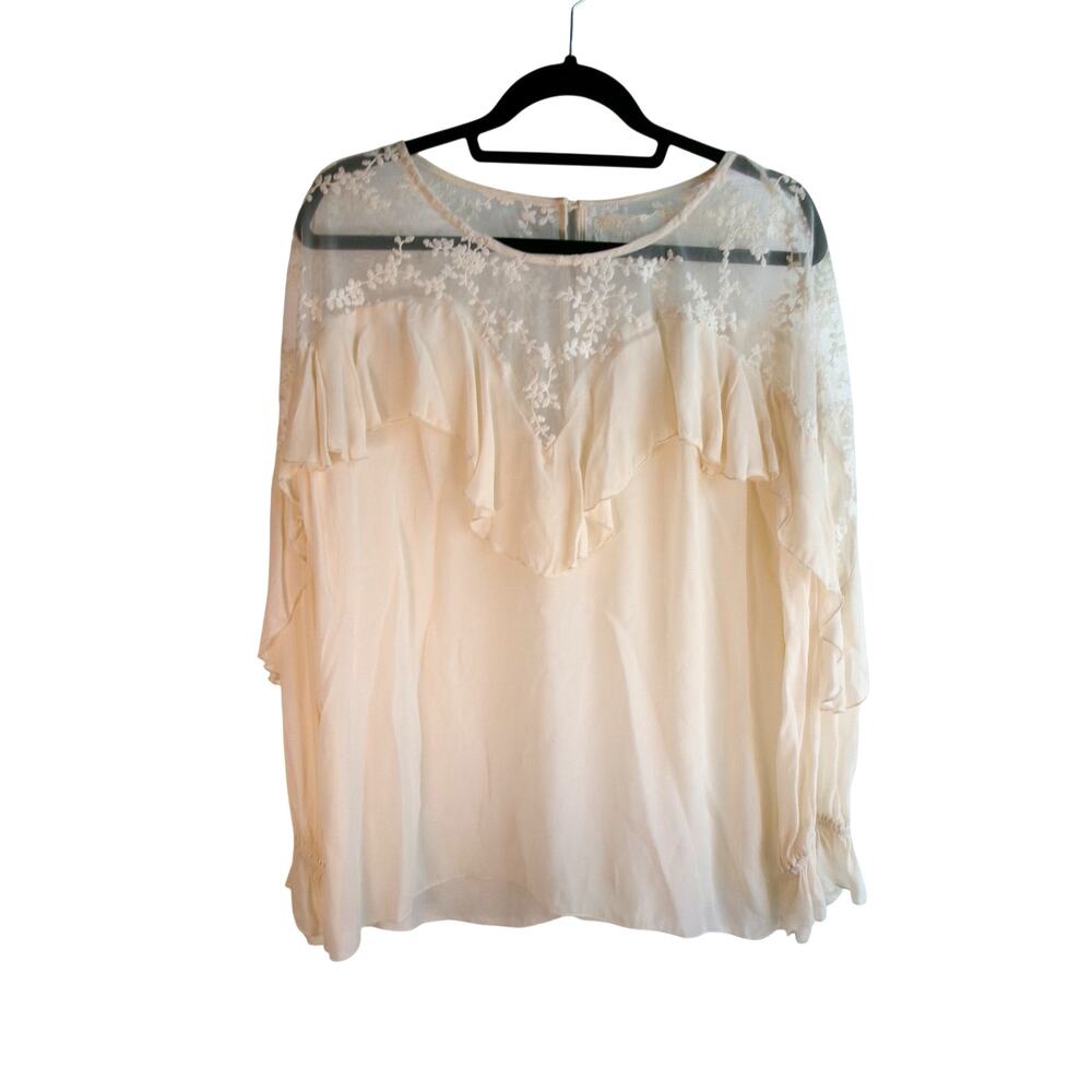 Johnny Was LOVE Ivory Silk Lace Ruffle Blouse Women's Medium Boho